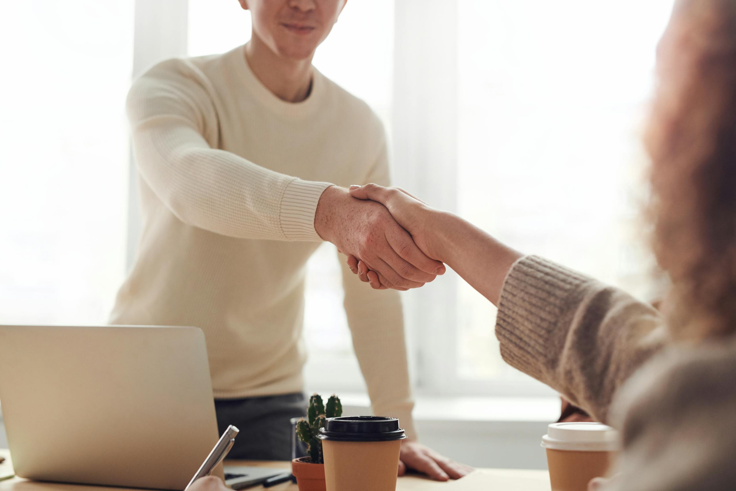 Business owner shaking hands with professional web designer after successful project